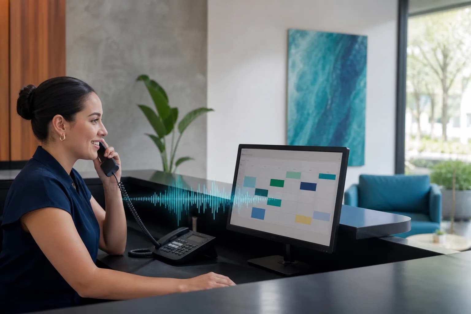 Recepción de una empresa con teléfono y calendario digital conectados mediante una representación de ondas de voz con IA.
