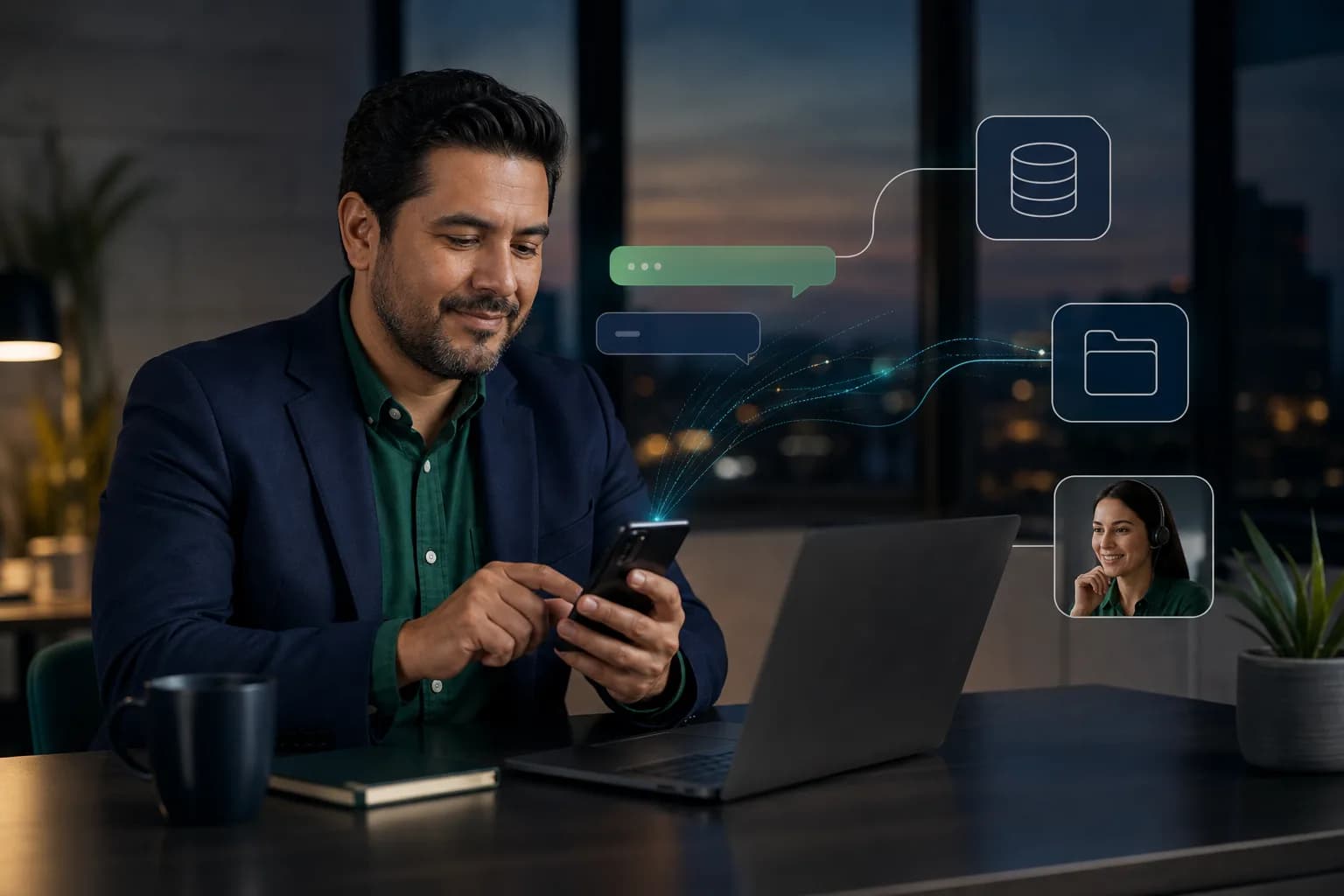 Customer support manager reviewing an AI messaging integration with documents and business systems.