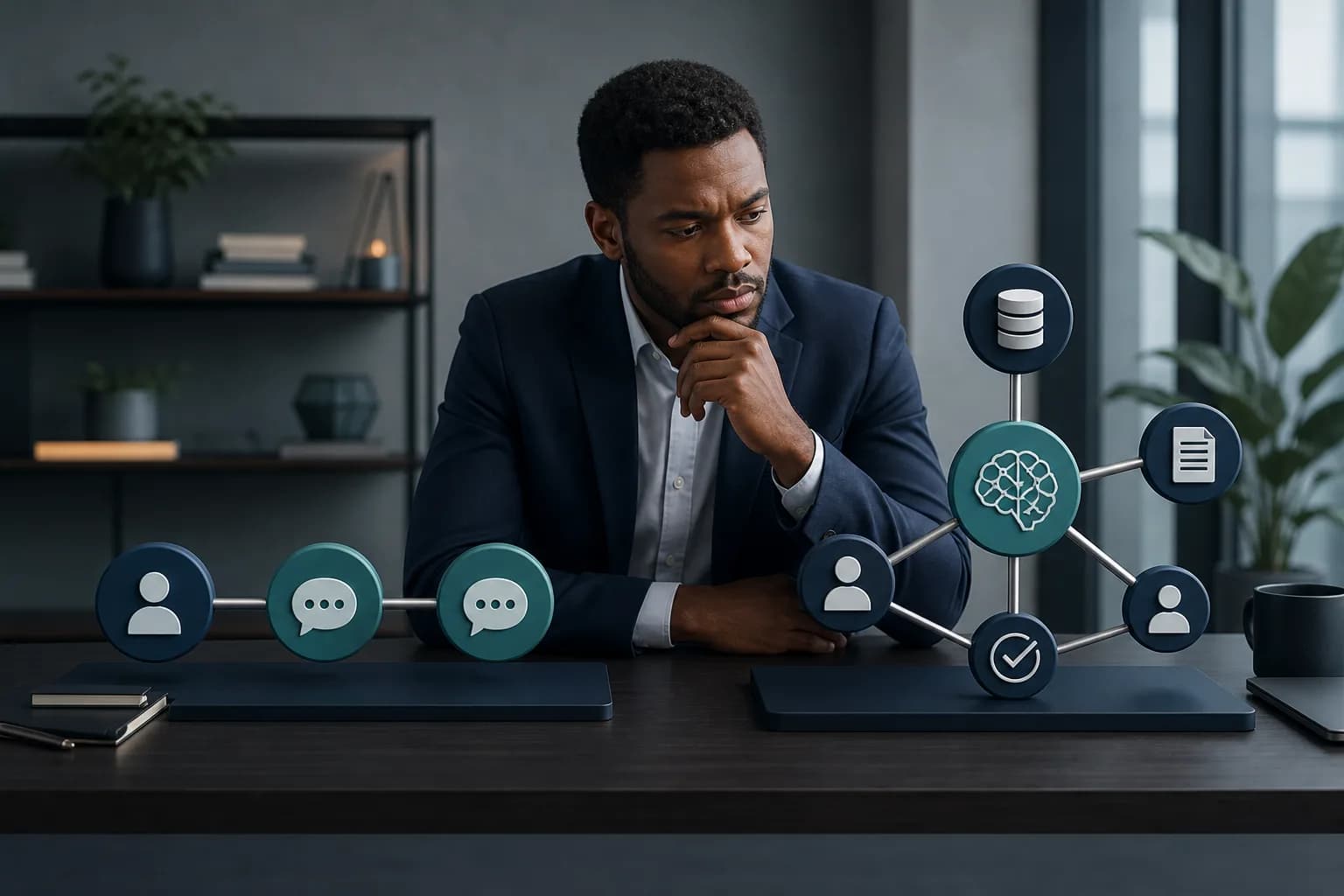 Illustration comparing a chatbot with a linear workflow and an AI agent connected to tools under human supervision.