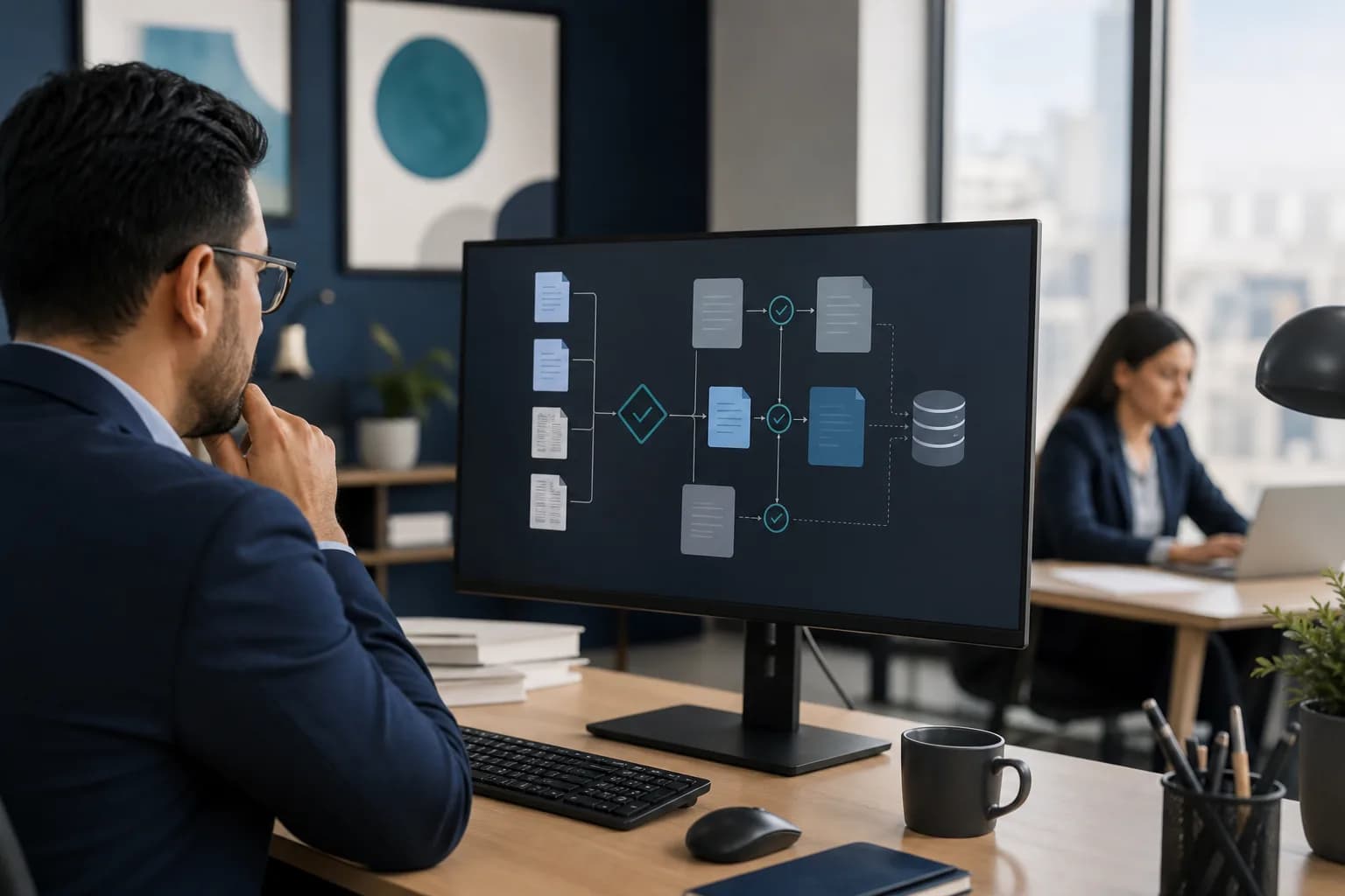 Finance manager reviewing a digital invoice receipt, validation, and approval workflow in an office.