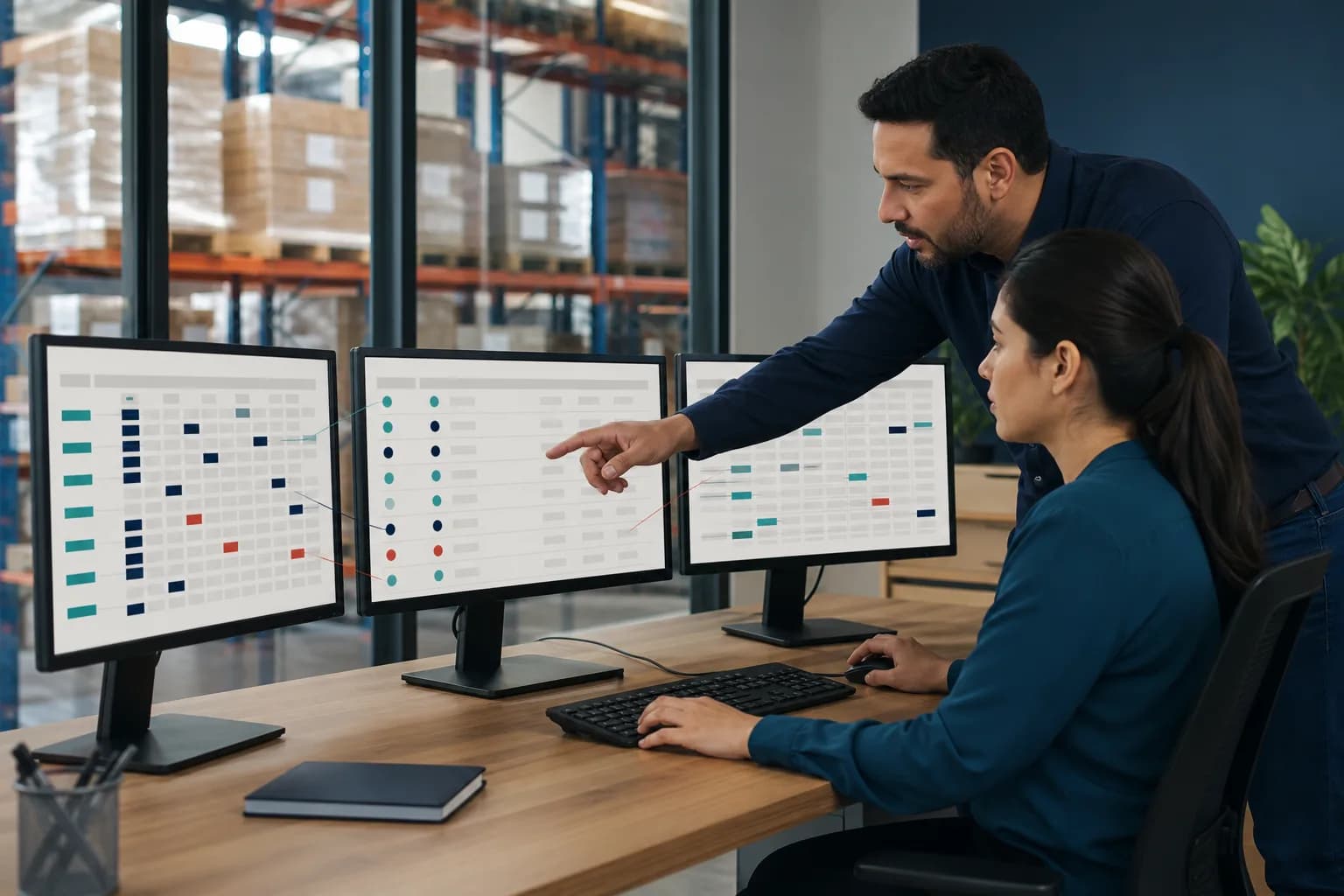 Managers at a distribution company review discrepancies between inventory, customer records, and spreadsheets before integrating AI.