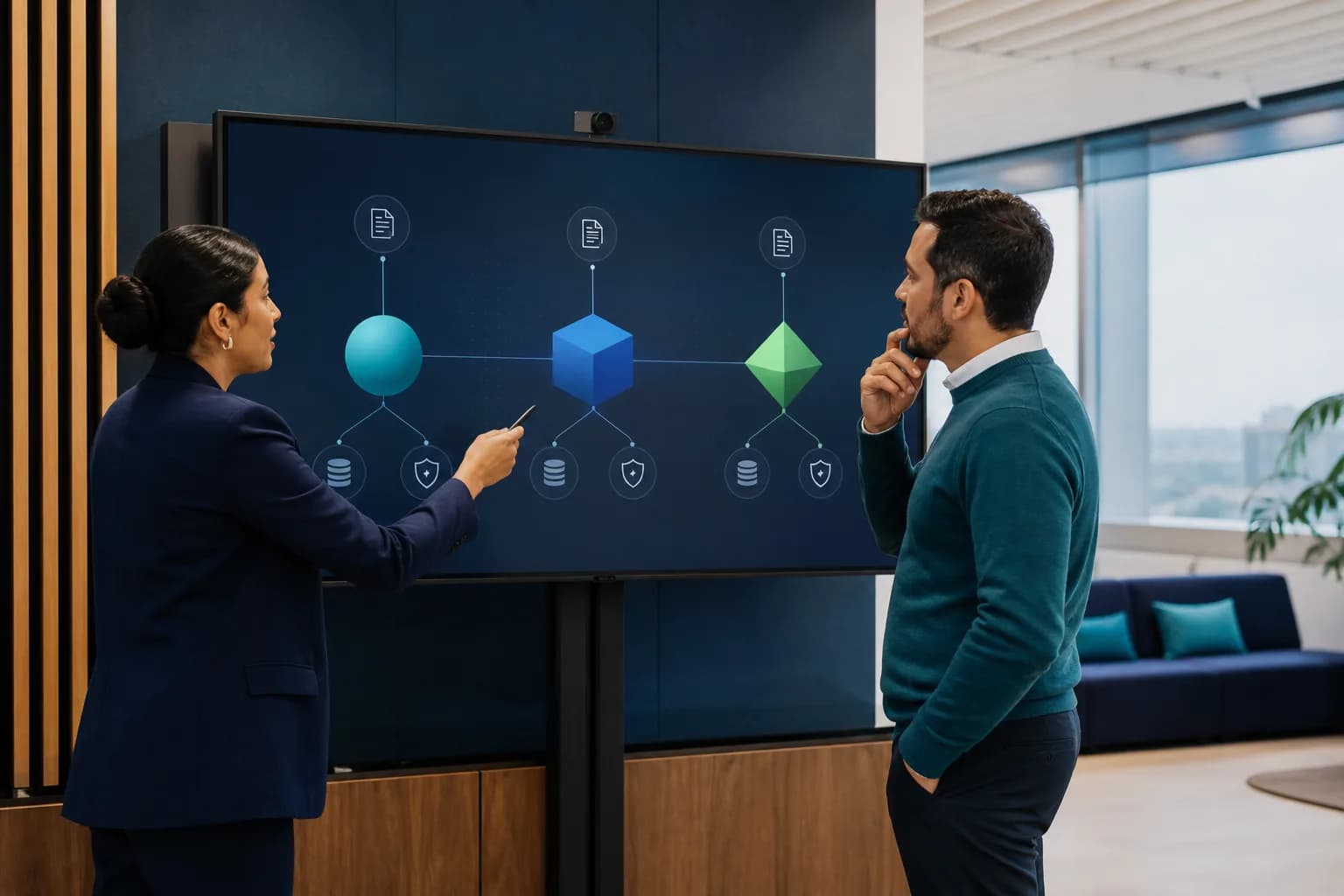 A director and a software architect compare three AI options connected to documents, databases, and security controls.