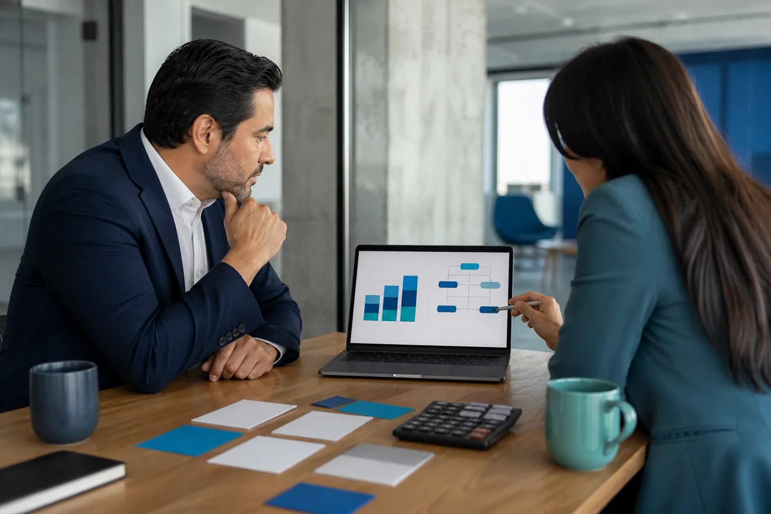 A business executive and a consultant review the budget and integration workflow for an artificial intelligence project.