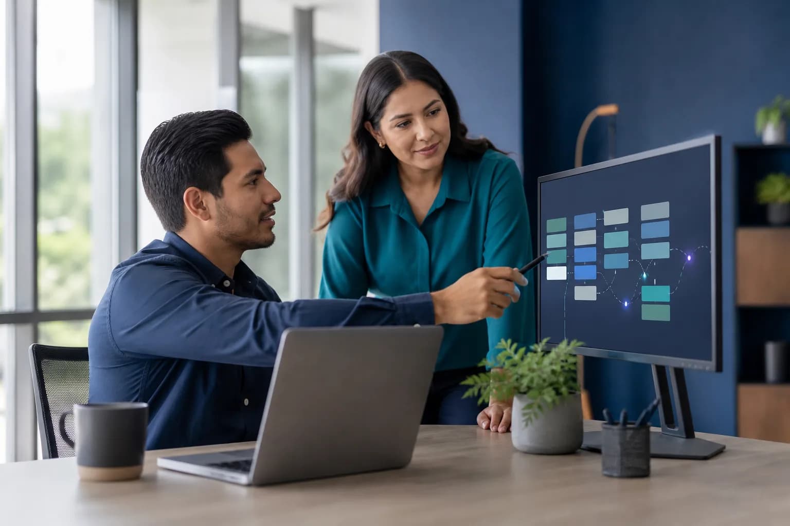 Equipo comercial de una pyme mexicana revisando oportunidades de venta en un CRM con asistencia de inteligencia artificial.