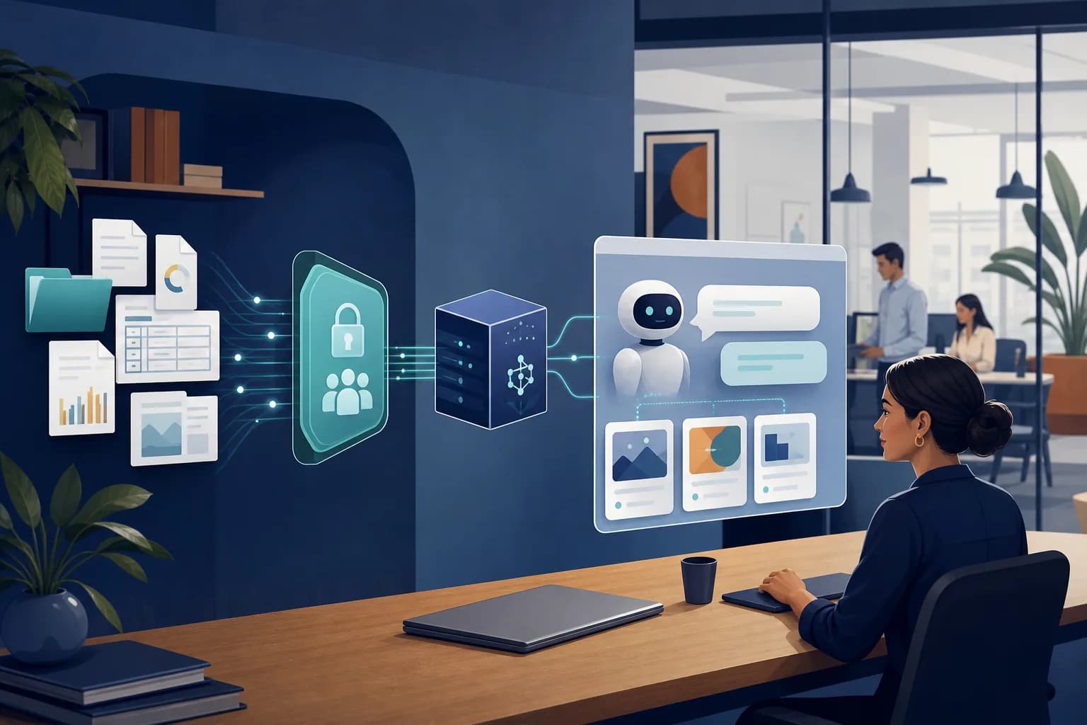 Illustration of business documents connected to an AI assistant through search and access controls.