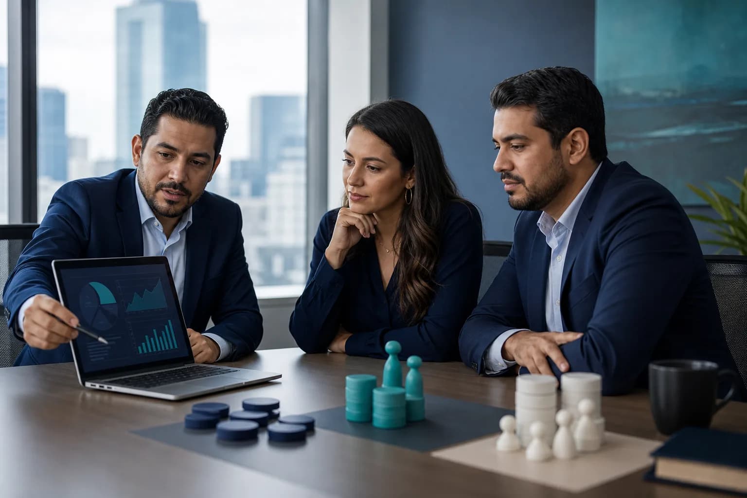Executive team analyzes cost and benefit charts to evaluate the return on investment of an artificial intelligence project.