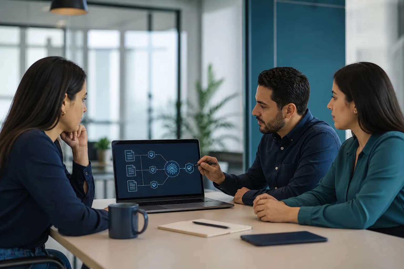 Business team reviewing permissions and data flows for an artificial intelligence integration.